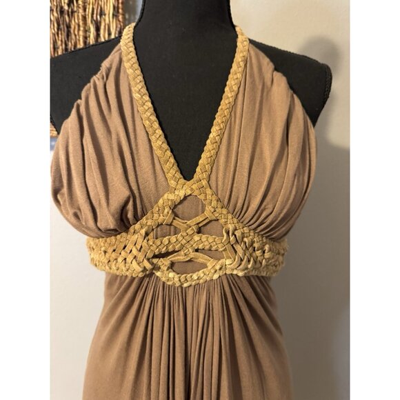 SKY Brand Maxi Dress M Soft Brown Suede Braid Trim Stretch Long NEW - Picture 2 of 12